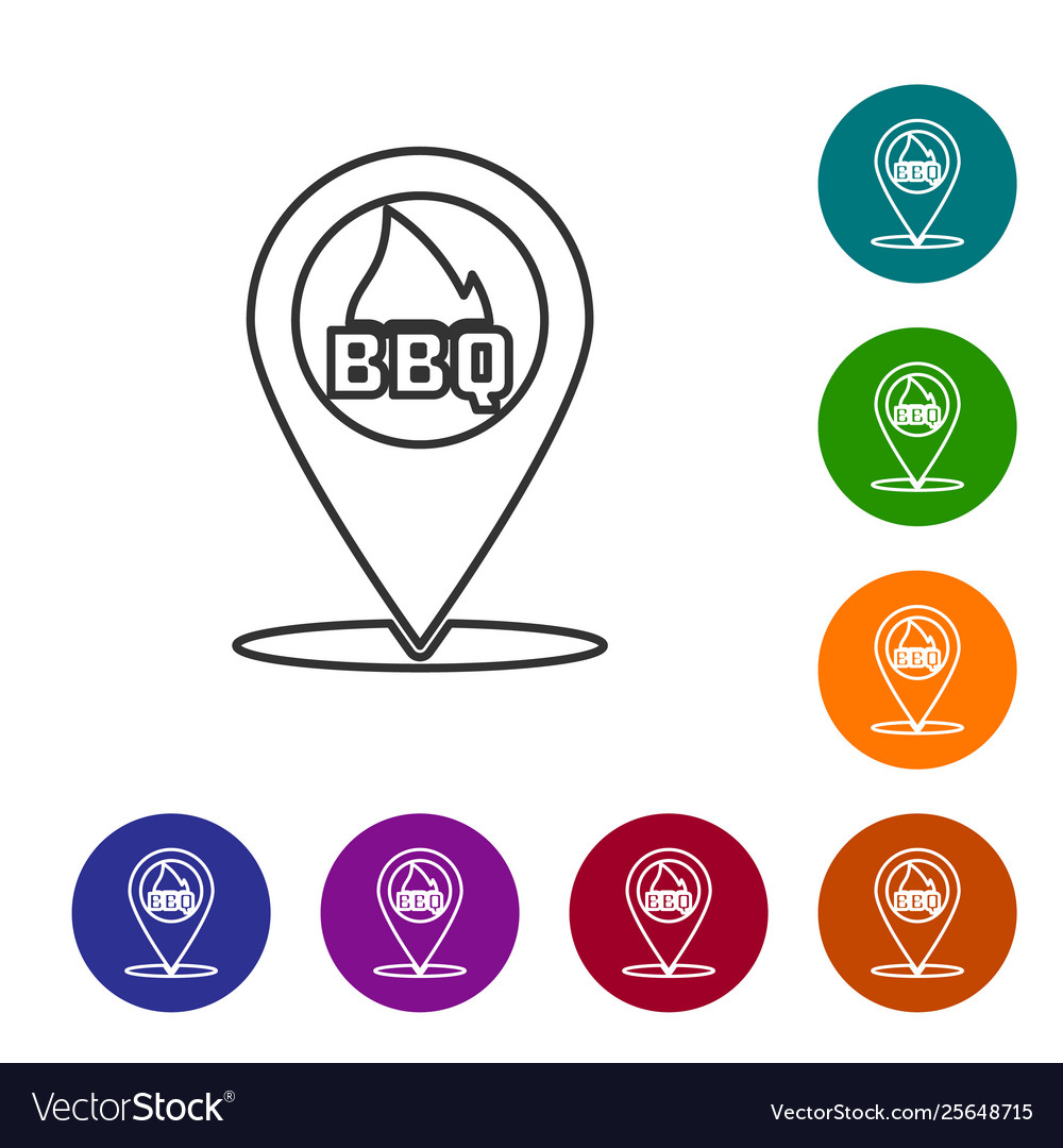 Grey map pointer with barbecue line icon isolated vector image Grey map pointer with barbecue line icon isolated