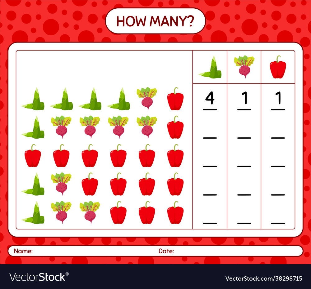 How many counting game with vegetables worksheet vector image How many counting game with vegetables worksheet