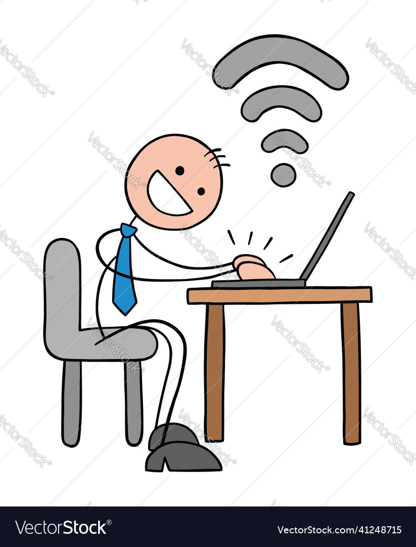 Stickman Working on Computer with Wifi