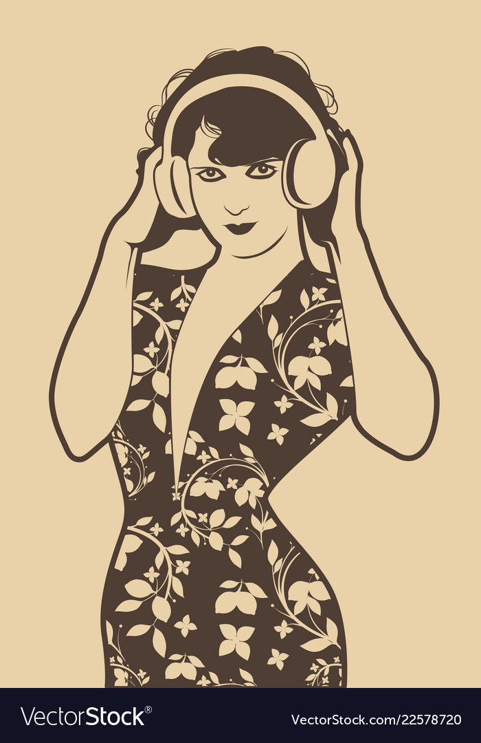 Beautiful flapper girl with headphones isolated