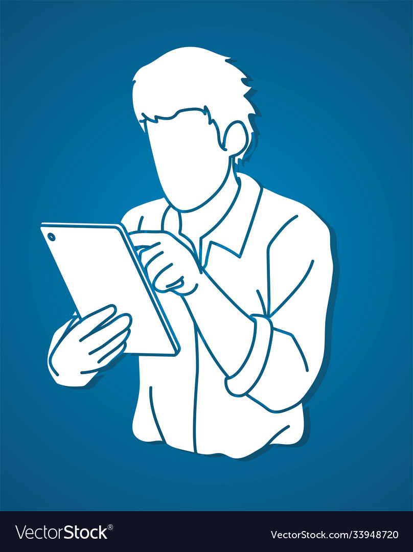 Man using digital tablet cartoon graphic