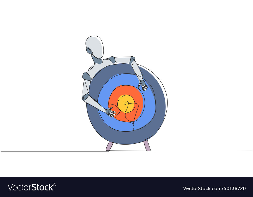 Single one line drawing robot hugging arrow board vector image Single one line drawing robot hugging arrow board