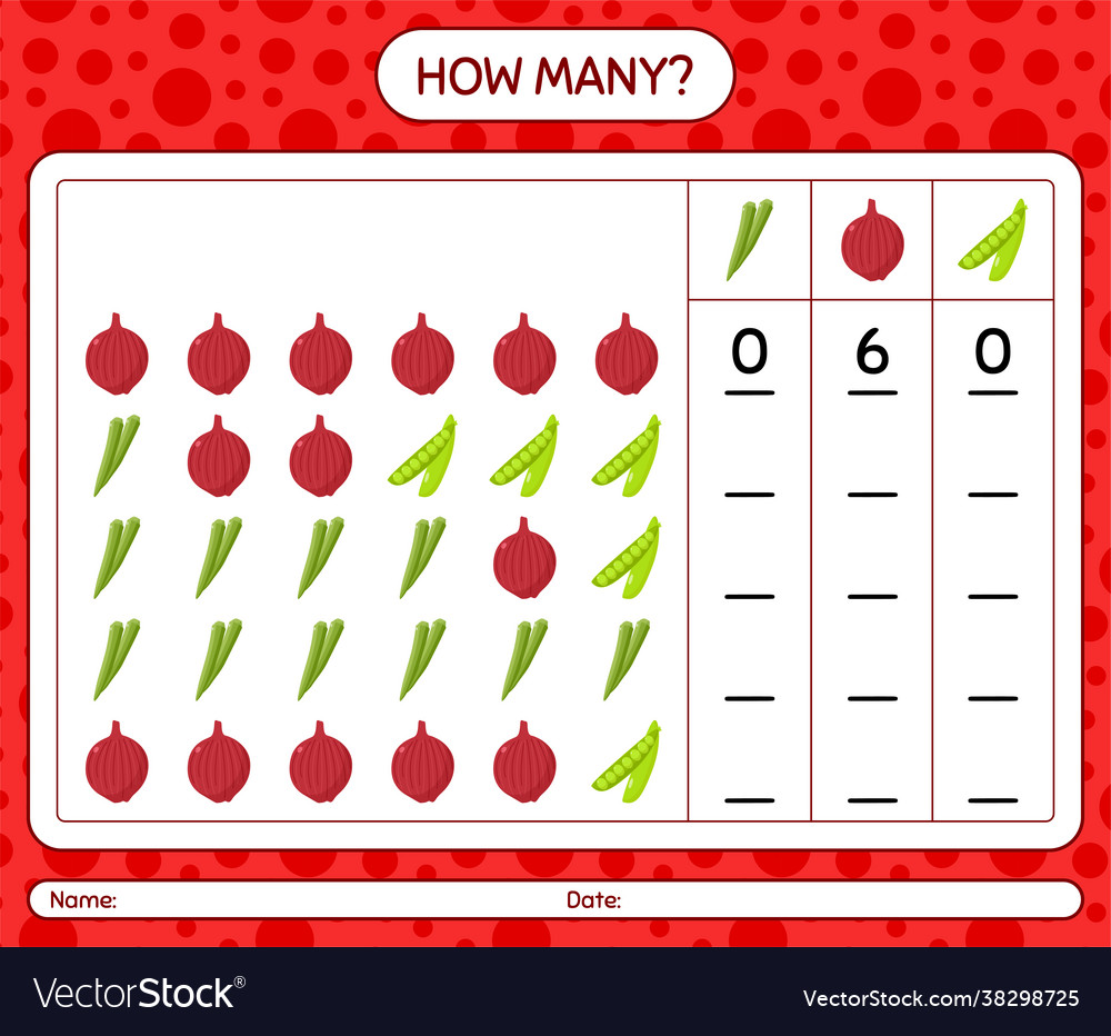 How many counting game with vegetables worksheet vector image How many counting game with vegetables worksheet