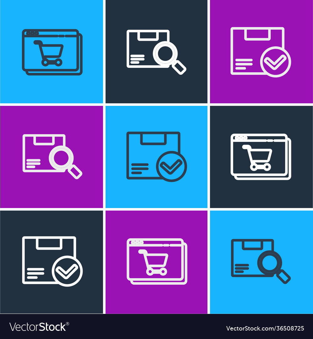 Set line online shopping on screen package box vector image Set line online shopping on screen package box