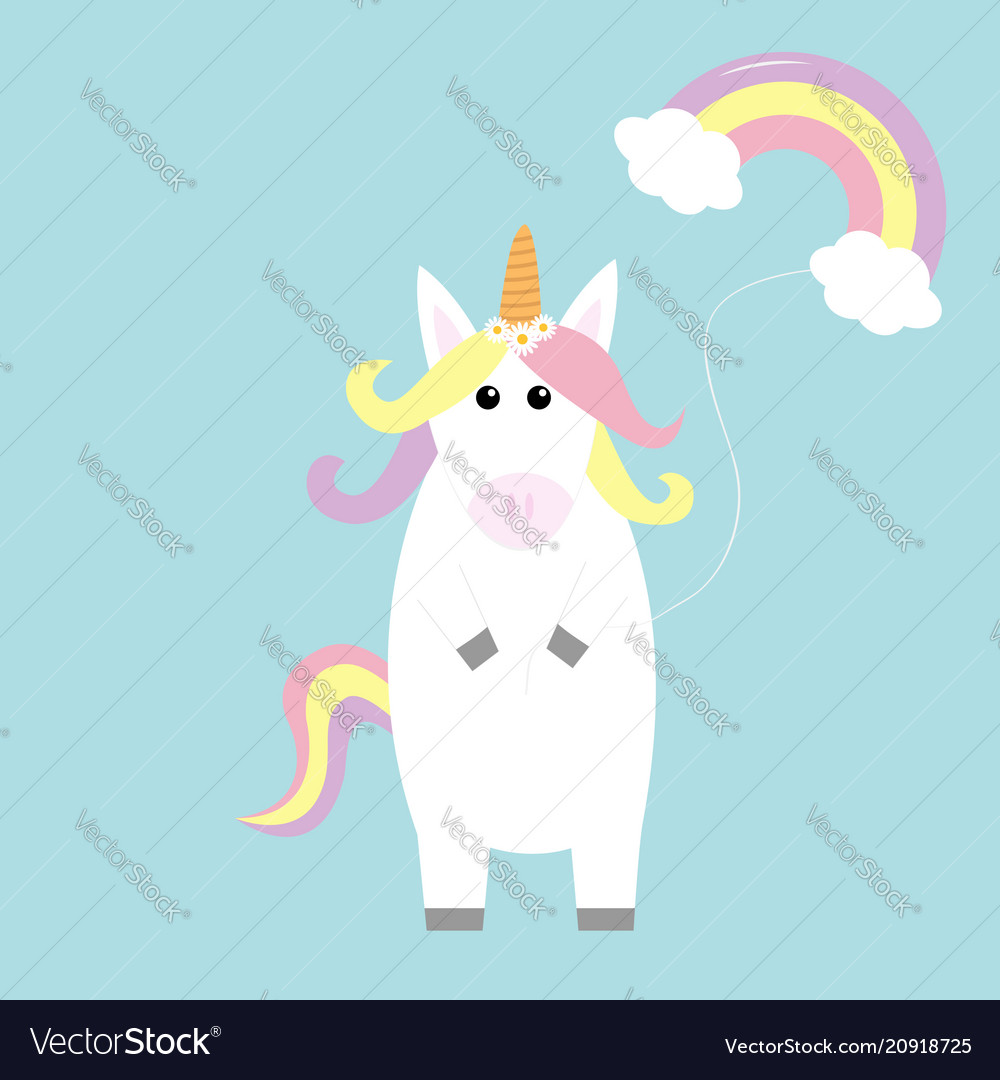 Unicorn holding rainbow cloud baloon kawaii face