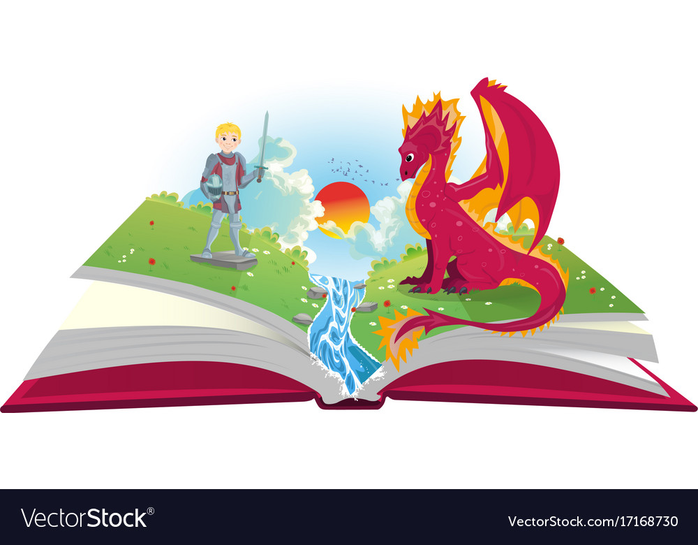 Book of fairytales with knight and dragon