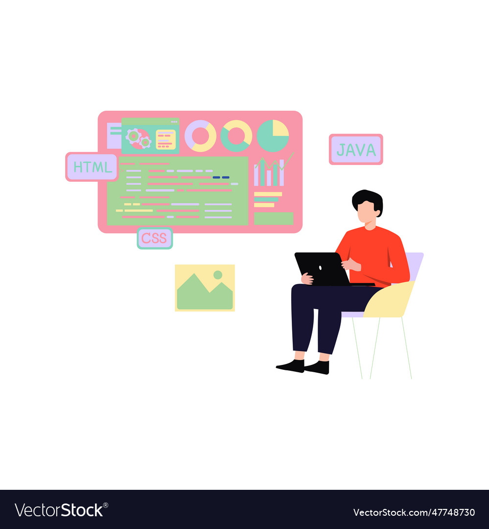 Junge arbeitet an Diagramm-Diagramm-Codierung vector image Junge arbeitet an Diagramm-Diagramm-Codierung