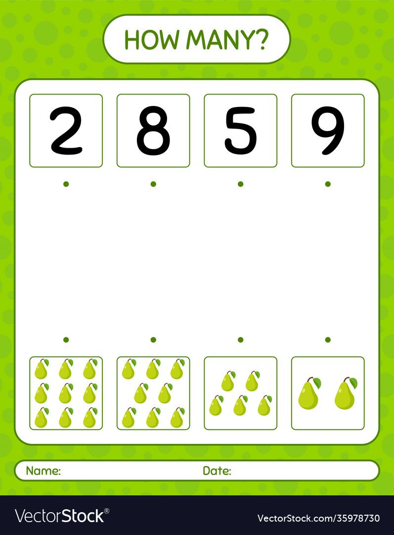 How many counting game with pear worksheet vector image How many counting game with pear worksheet