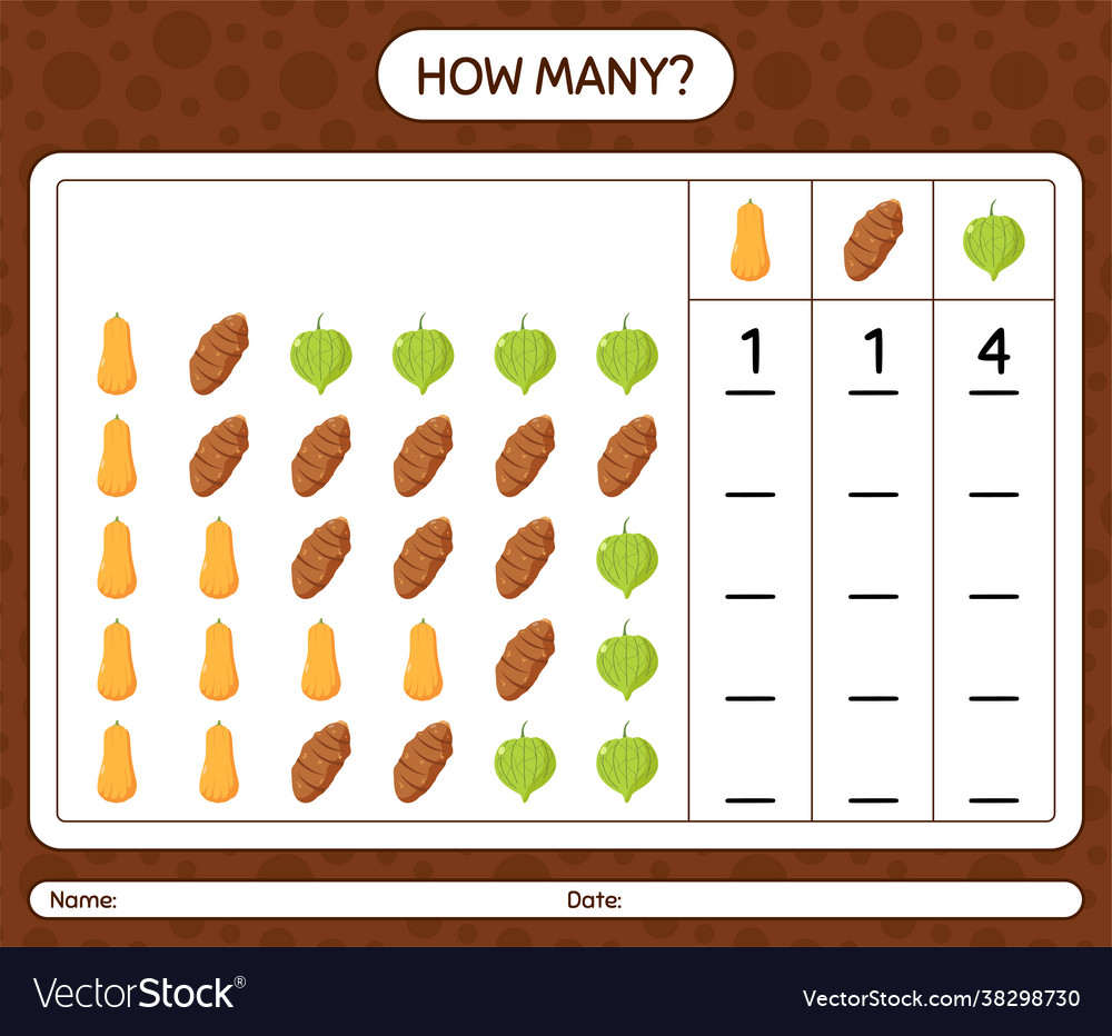 How many counting game with vegetables worksheet vector image How many counting game with vegetables worksheet
