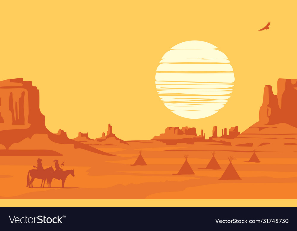 Landscape with silhouettes indians on horseback Vector Image