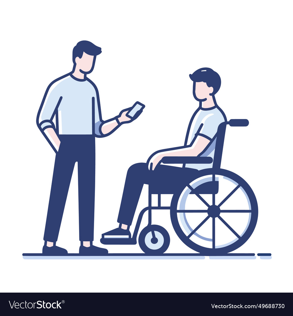 Man standing with smartphone assisting person vector image Man standing with smartphone assisting person