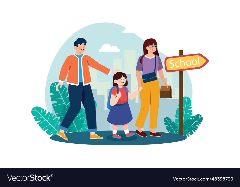 Parents take their children to school concept