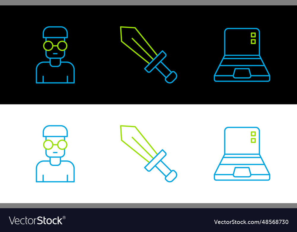 Set line laptop nerd geek and sword for game icon Vector Image Set line laptop nerd geek and sword for game icon