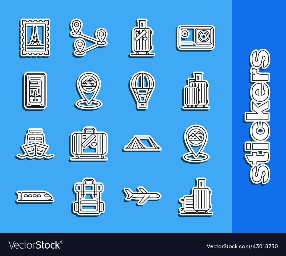 Set line suitcase for travel map pointer vector image Set line suitcase for travel map pointer