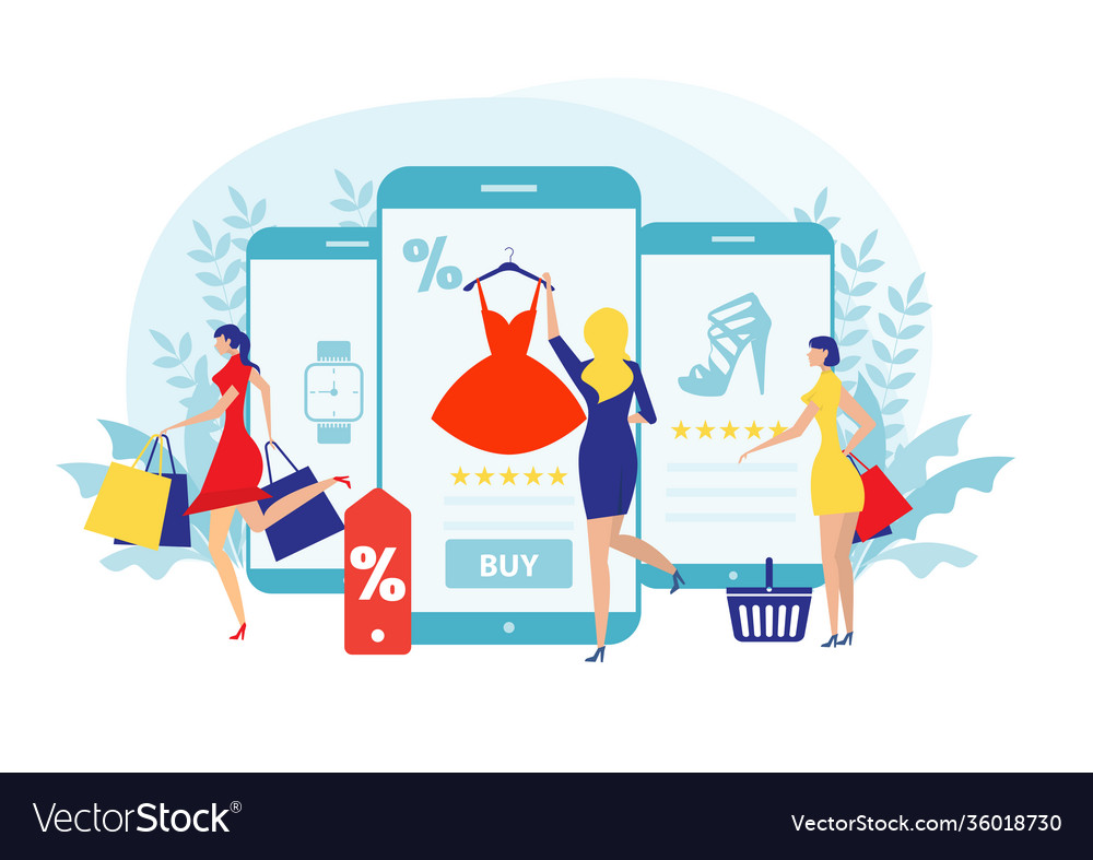 Woman buy things in online store shopping vector image Woman buy things in online store shopping