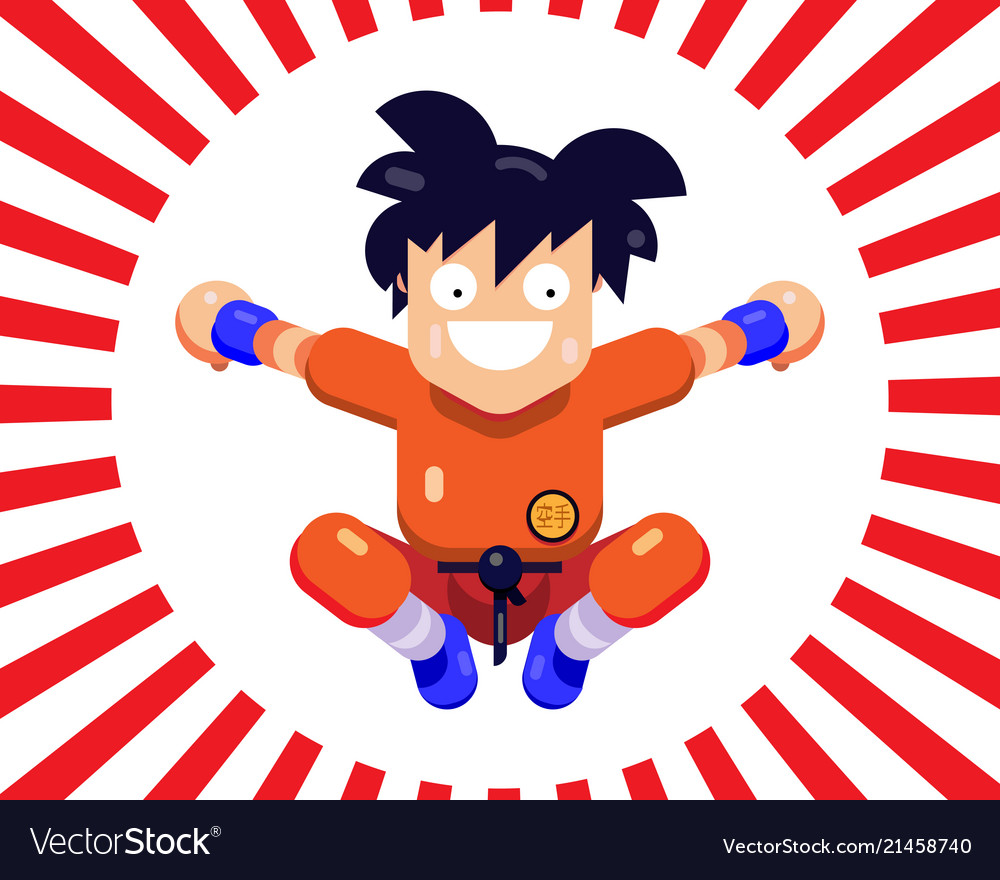 A cheerful little man karate in jump