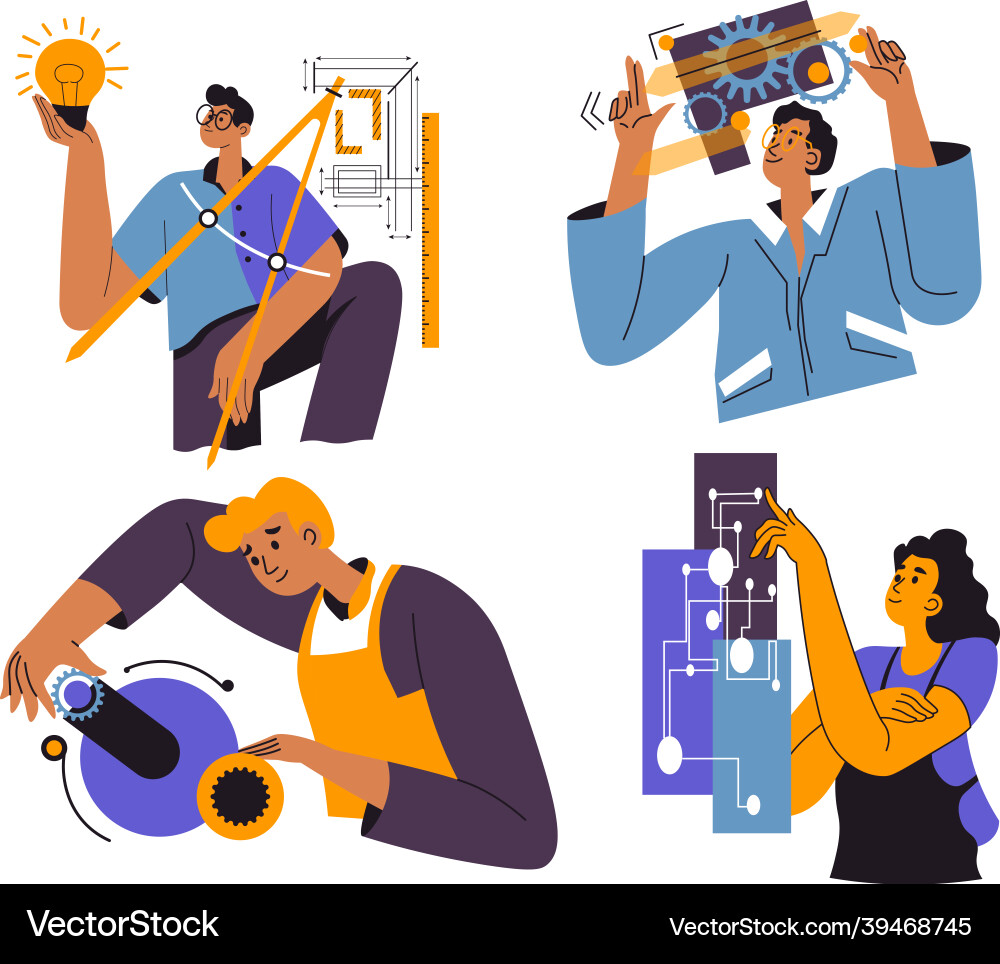 Engineering Projects Vector Engineering and industry workers with projects Vector Image