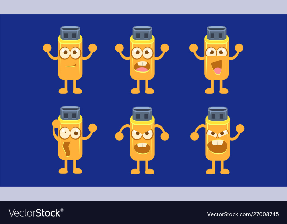 Flash drive characters set funny yellow memory vector image Flash drive characters set funny yellow memory