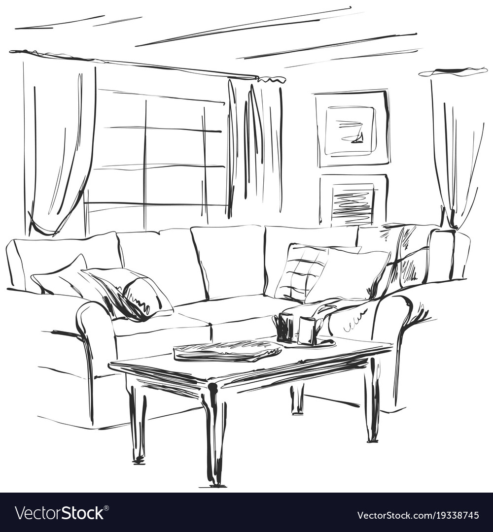 Hand Drawn Room Interior Sketch Sofa Table Vector Image