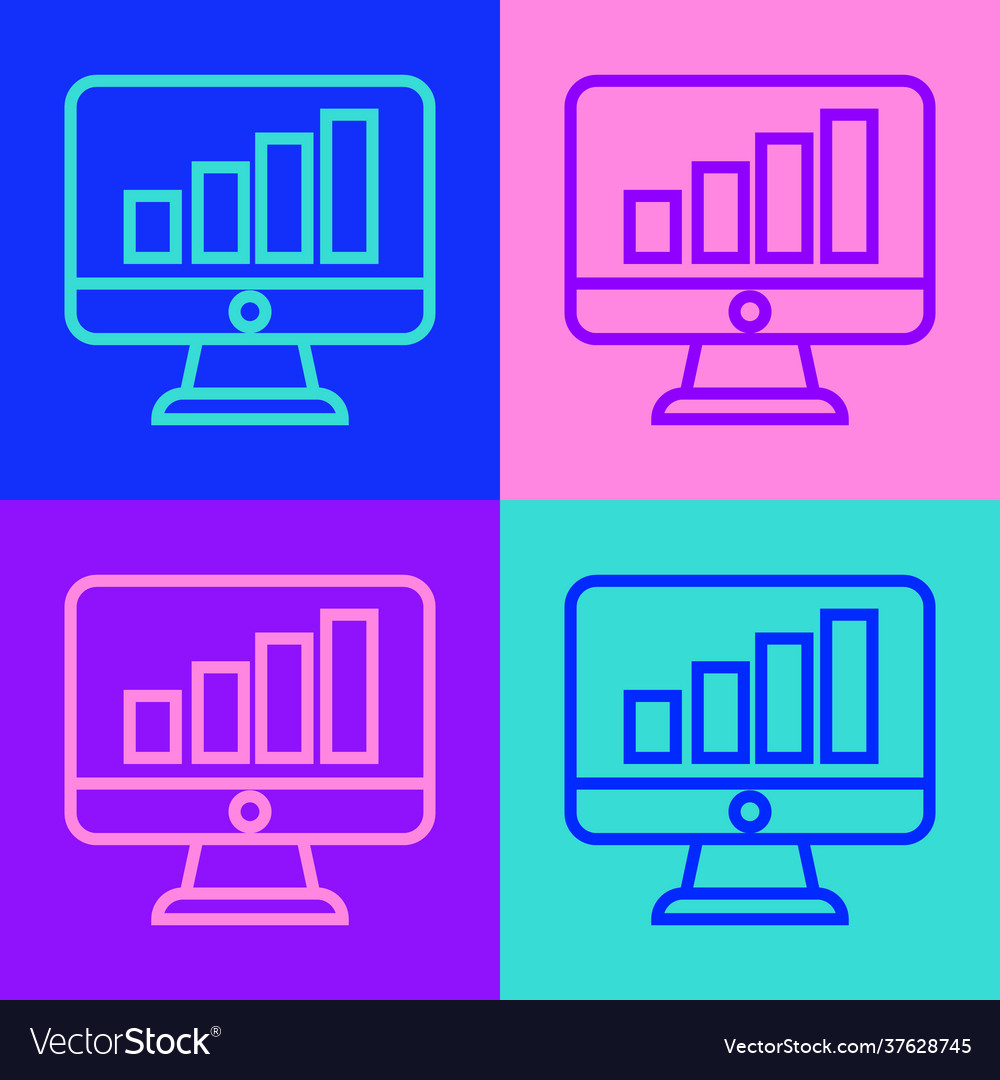 Pop art line computer monitor with graph chart vector image Pop art line computer monitor with graph chart
