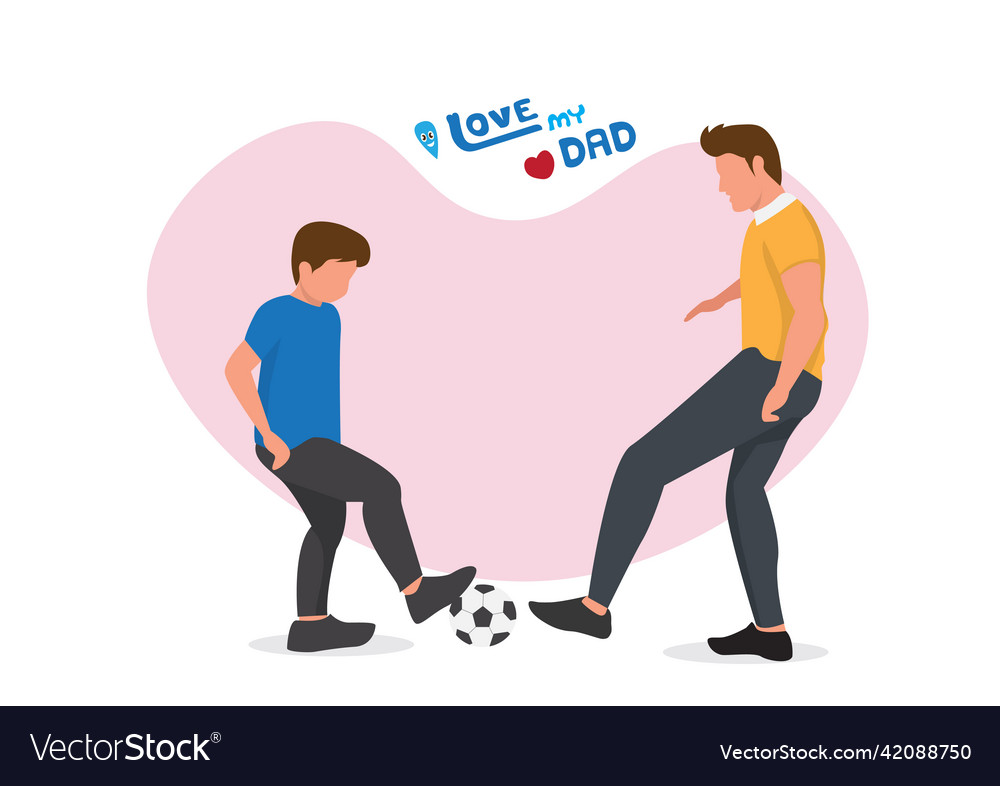 Boy and his father play soccer in the playground