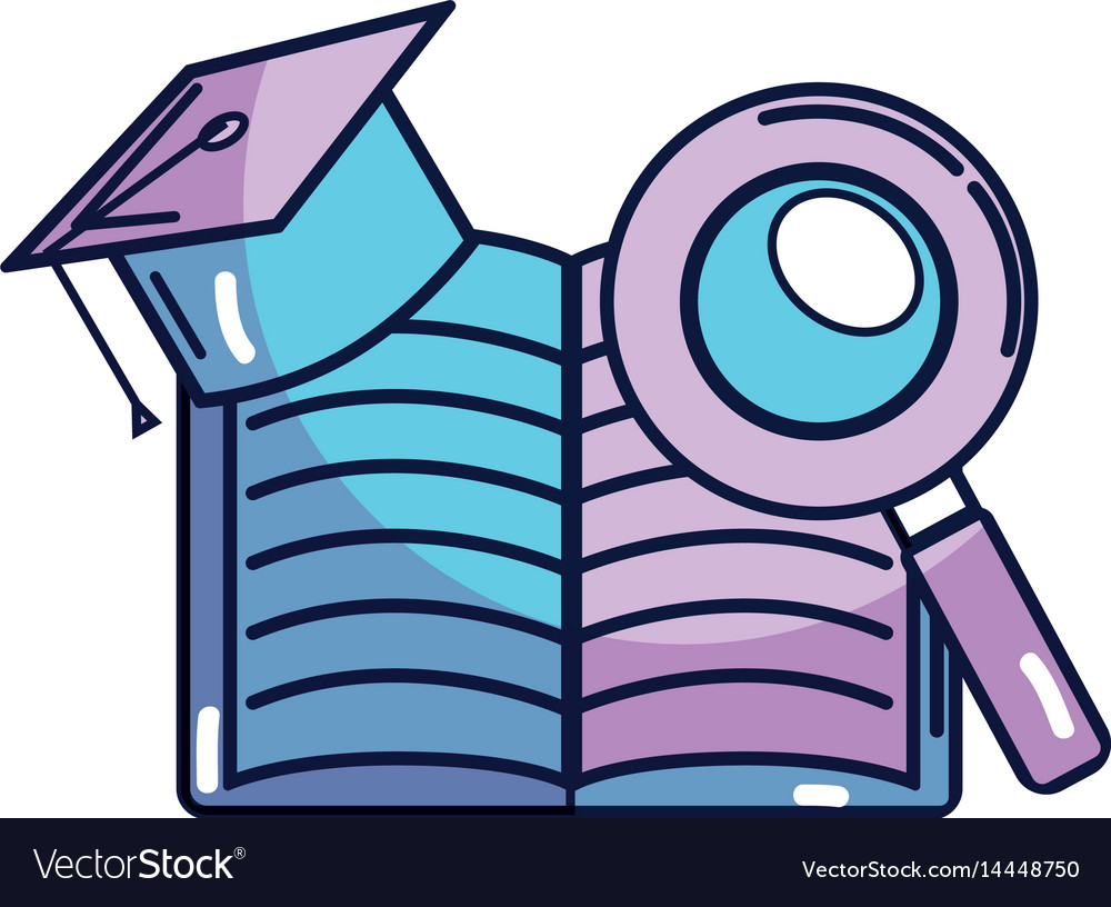 Open notebook with graduation cap and magnifying