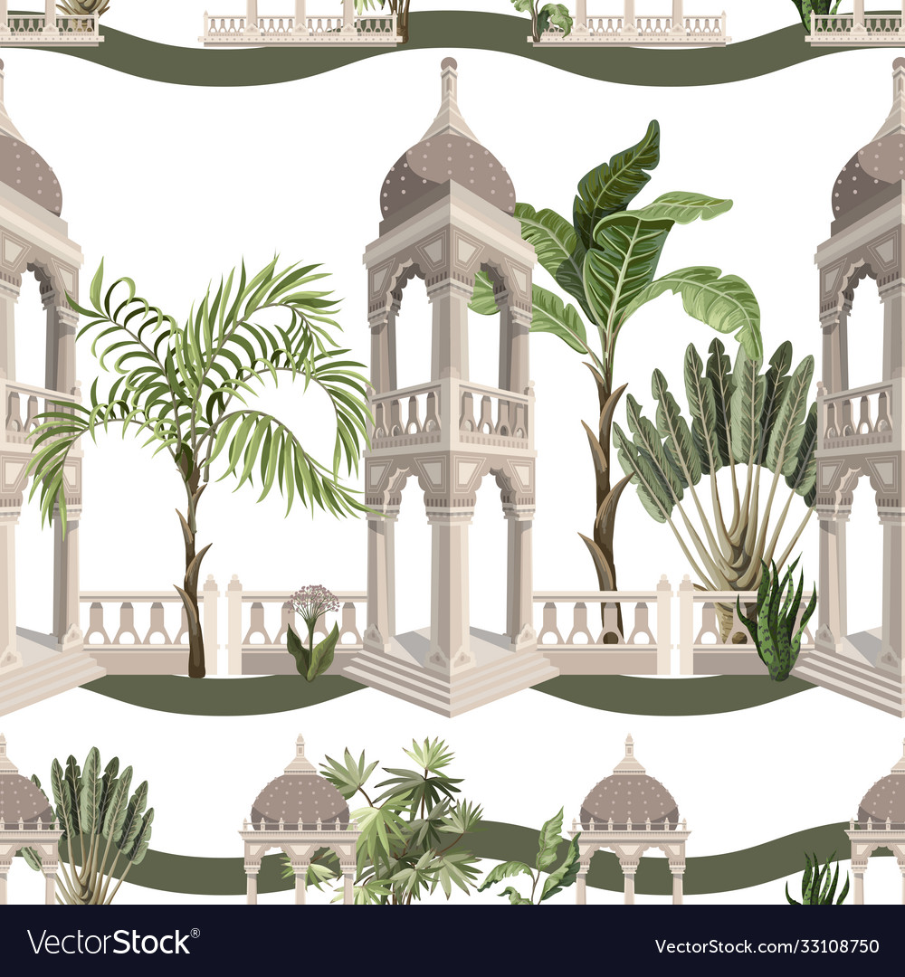 Seamless pattern with jungle trees and ancient vector image Seamless pattern with jungle trees and ancient