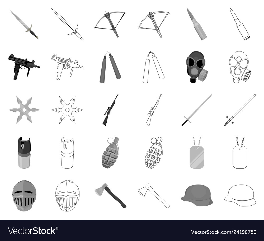 Types of weapons monochromeoutline icons in set