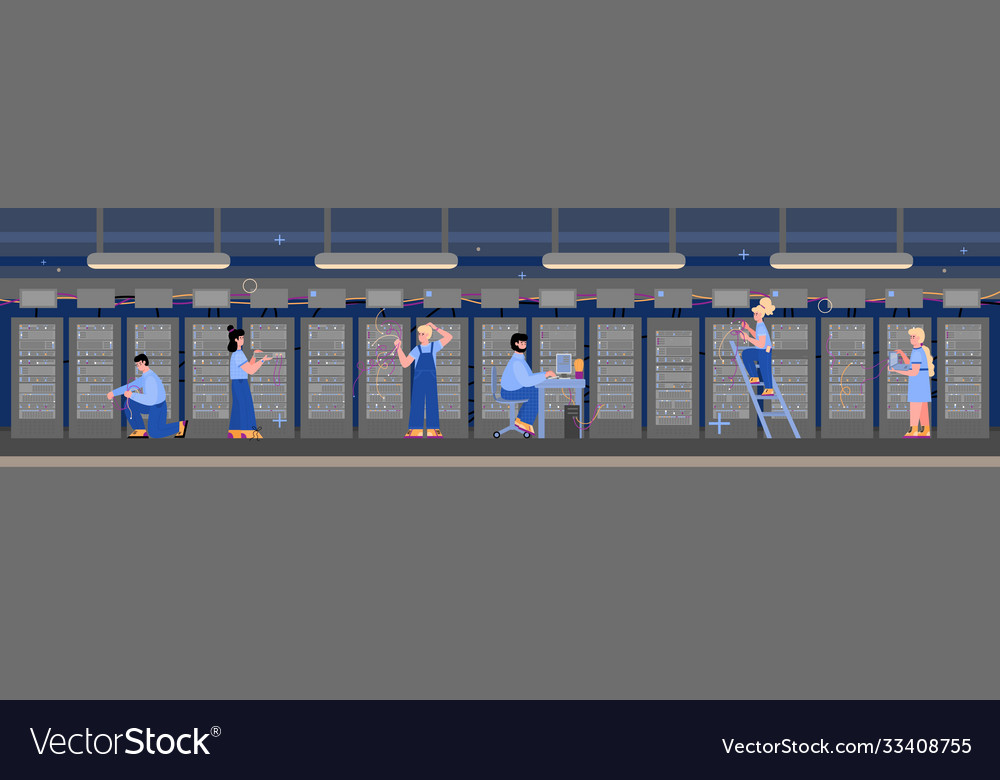 Data server computer room with working staff flat vector image Data server computer room with working staff flat