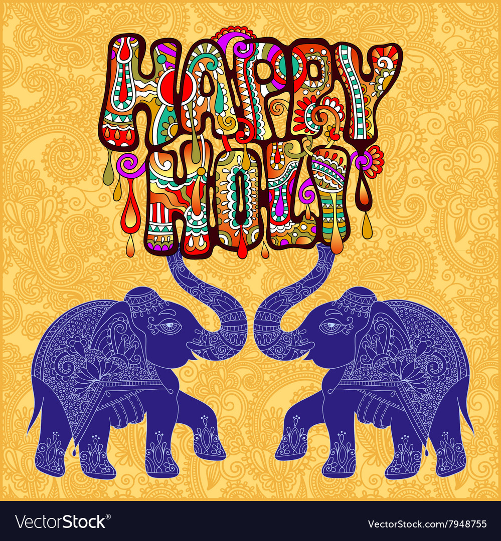 Happy holi design with two elephants on floral Vector Image