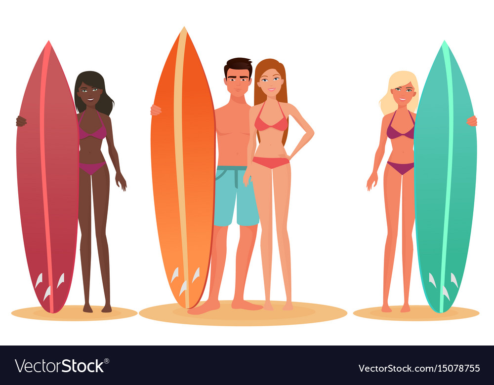 Man And Woman Surfer Standing Holding A Surfboard Vector Image