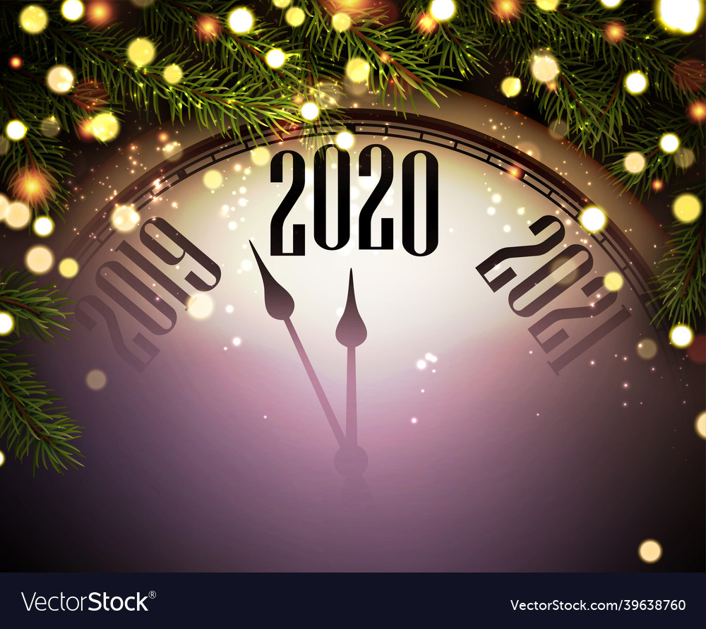 2020 new year background with clock fir branches