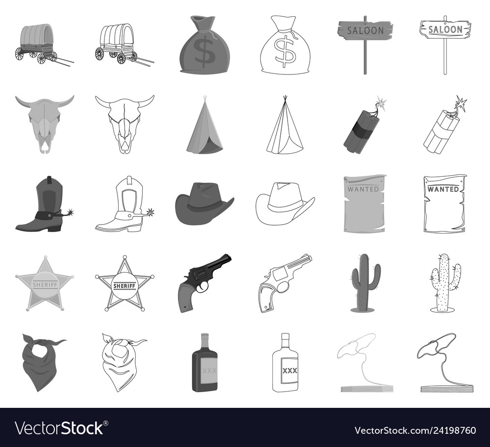 Attributes of the wild west monochromeoutline Vector Image