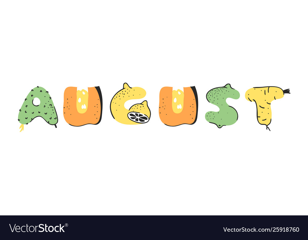 Cartoon vegetables and fruits word august Vector Image