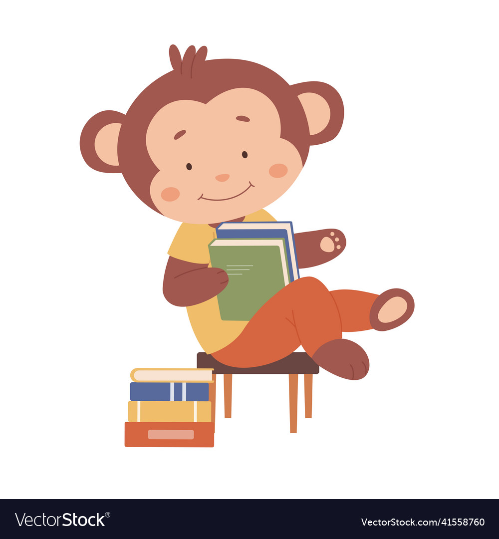 Cute smiling monkey sitting on chair and reading Vector Image