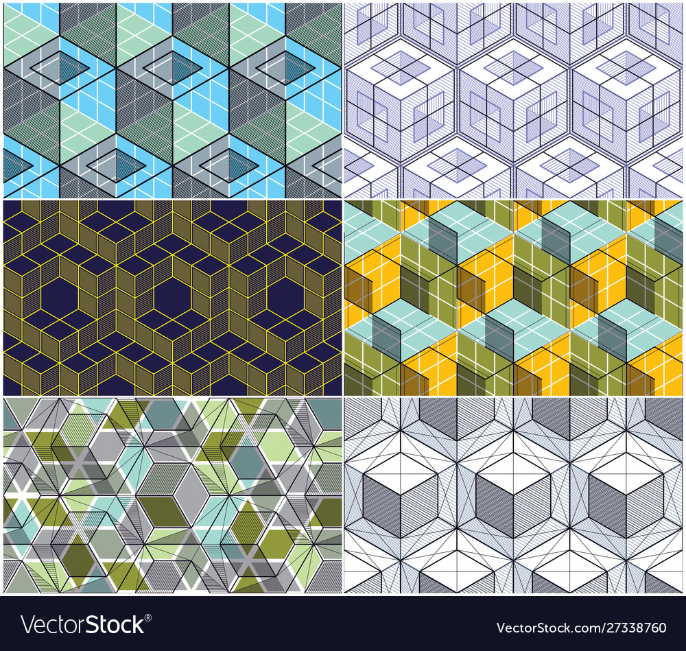 Geometric 3d lines abstract seamless patterns set vector image Geometric 3d lines abstract seamless patterns set