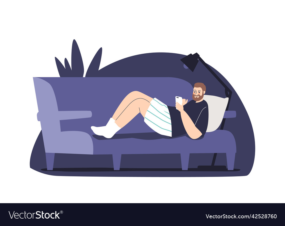 Man on sofa with smartphone scroll social media