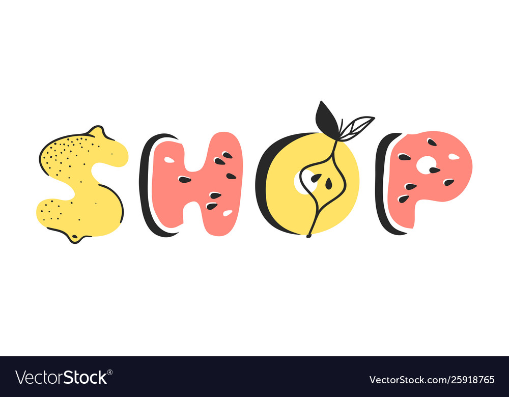 Cartoon vegetables and fruits word shop hand