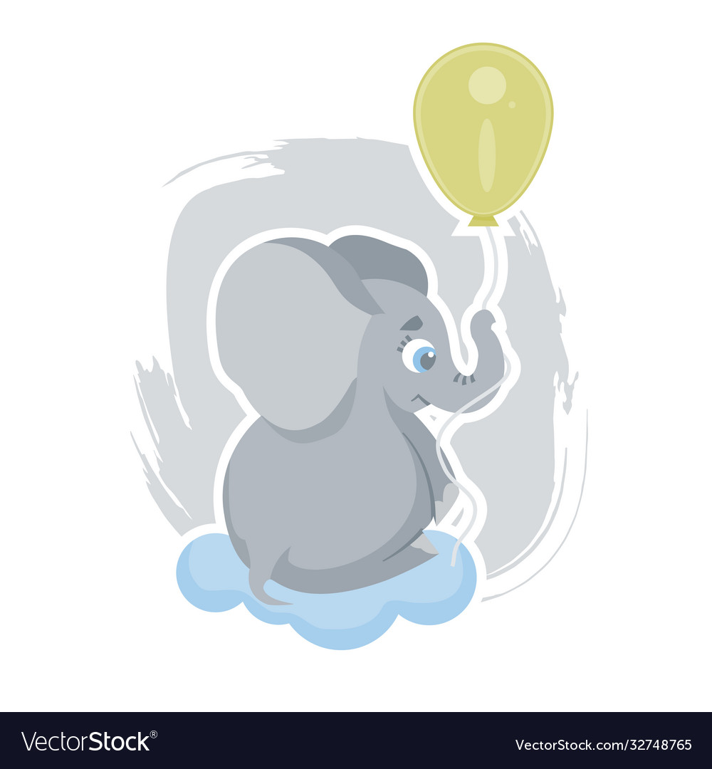 Cute cartoon elephant flying on a yellow balloon