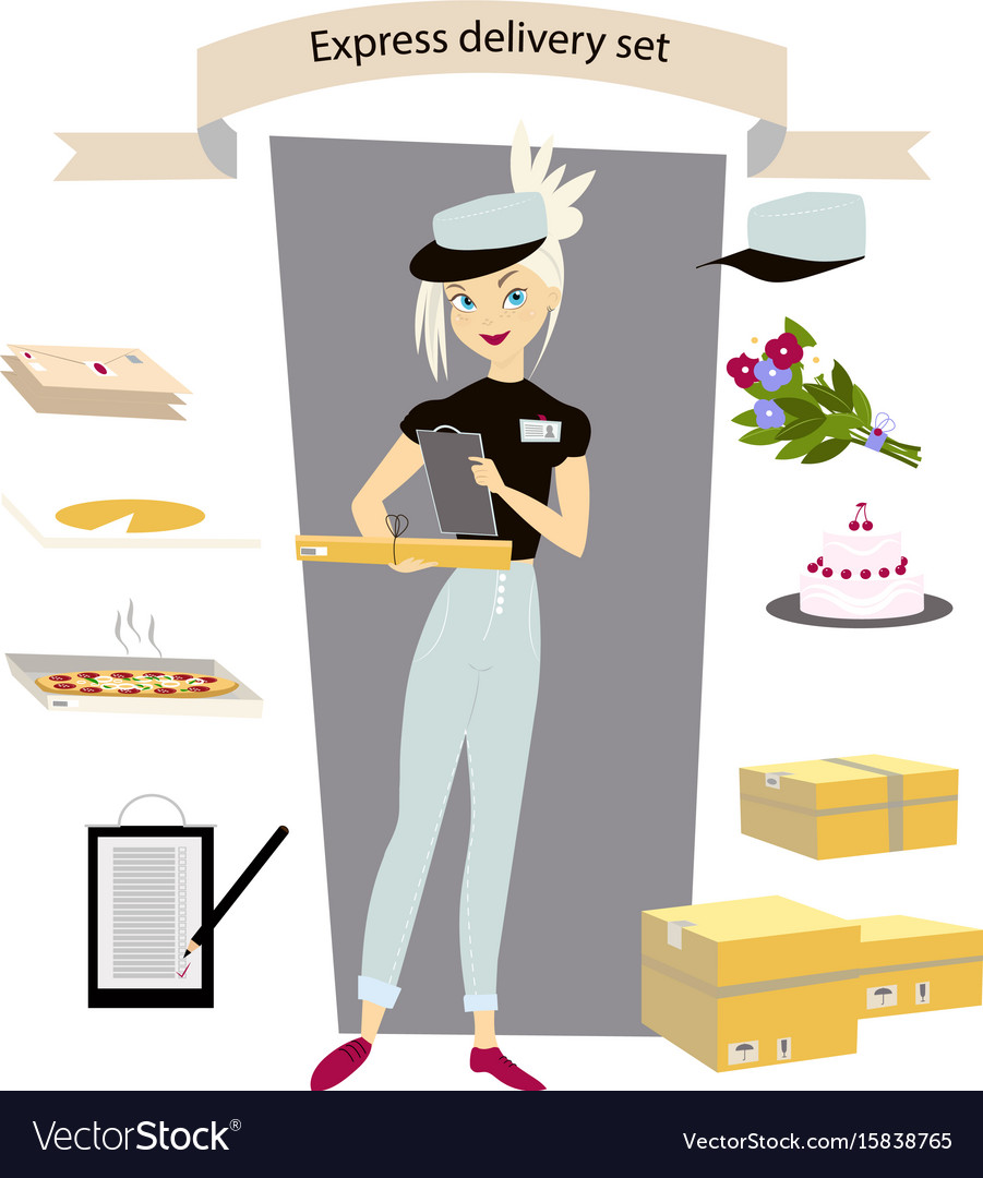 Express delivery set young girl courier