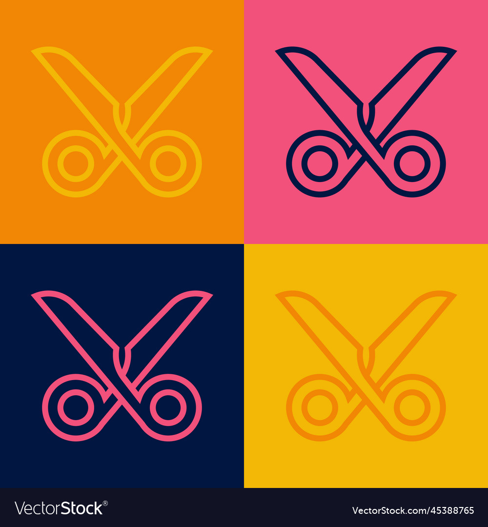 Pop art line scissors icon isolated on color