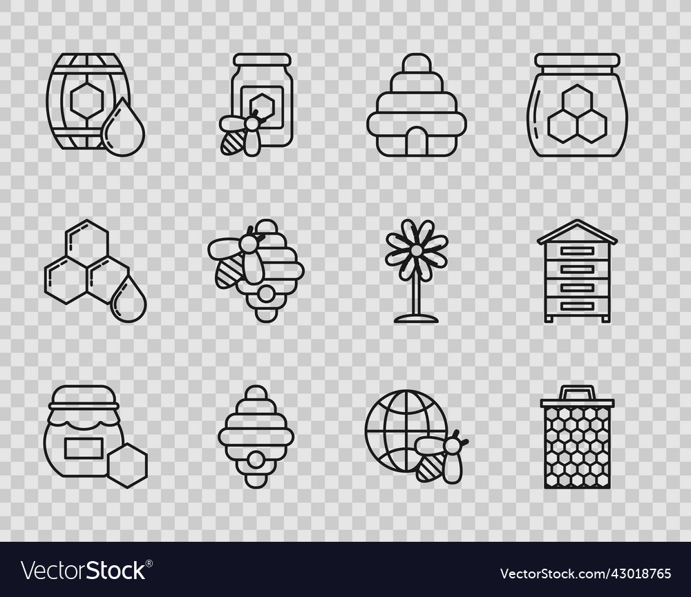 Set line jar of honey honeycomb hive for bees Vector Image