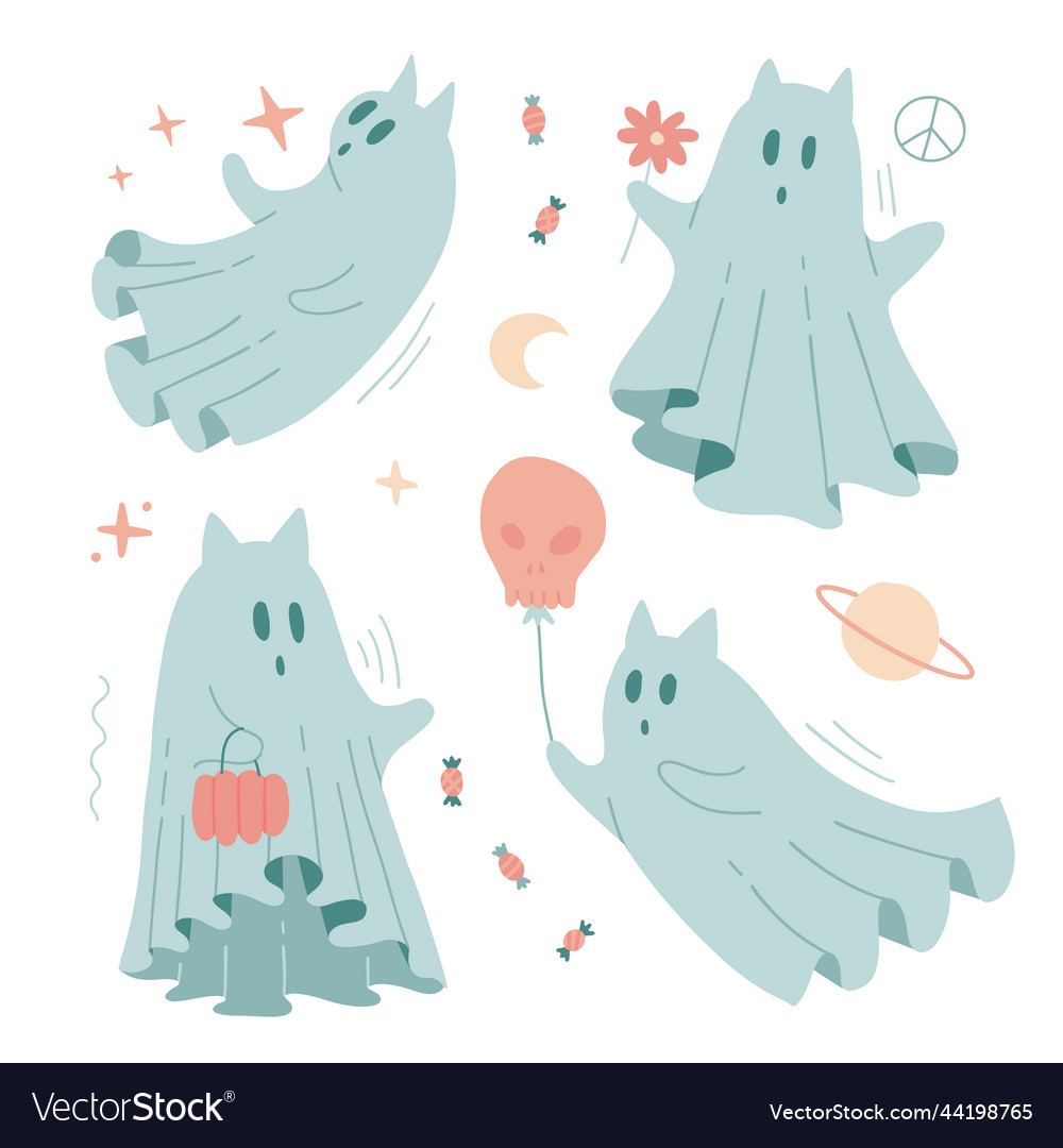 Set of halloween cats ghost characters