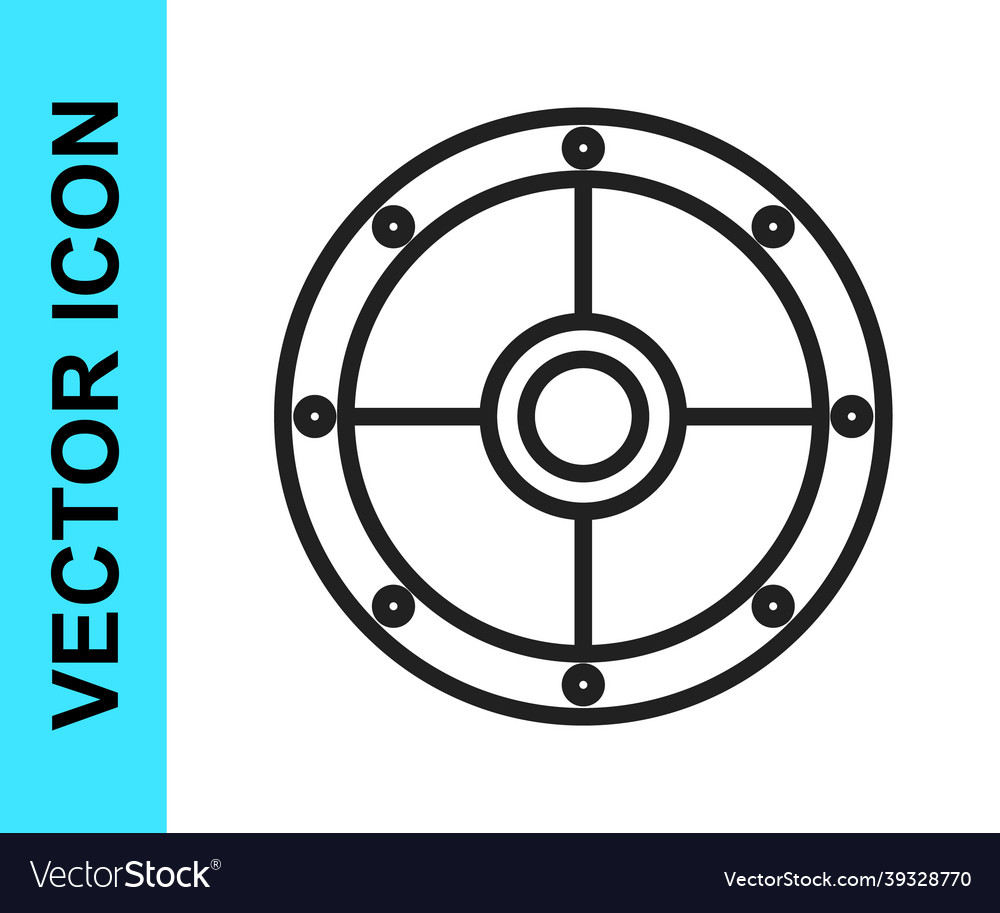 Black line round wooden shield icon isolated