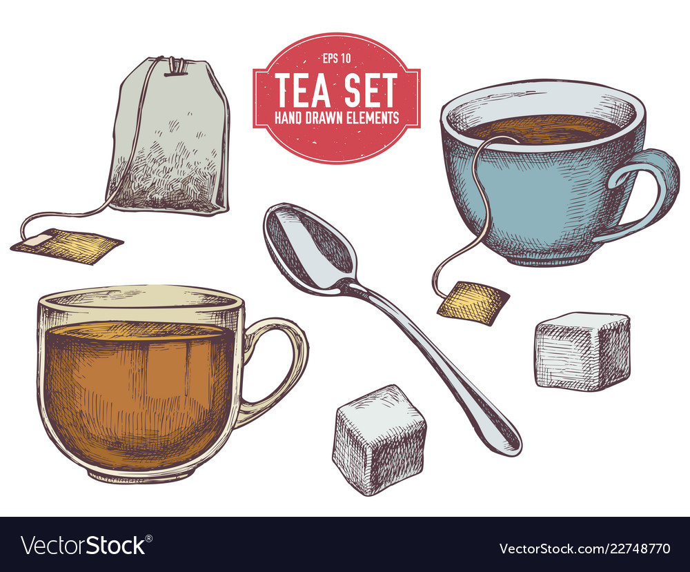 Collection of hand drawn tea stuff