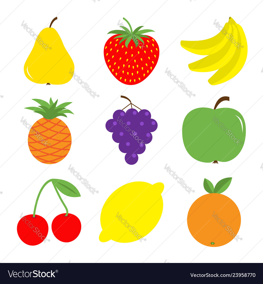 Fruit berry icon set pear strawberry banana