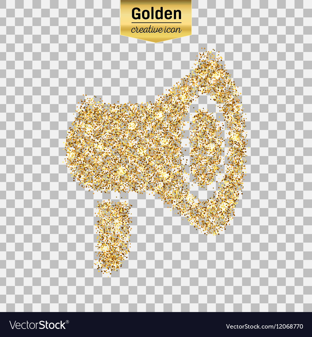 Gold glitter icon of bulb with arrows