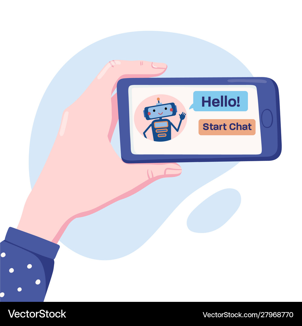 Hand holding phone with robot chatbot on screen Vector Image