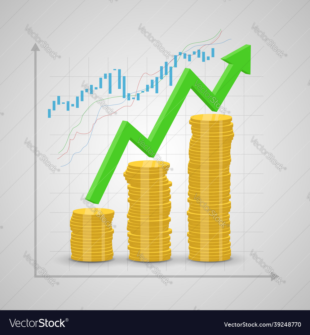 Stack of coins rising and arrow graph vector image Stack of coins rising and arrow graph