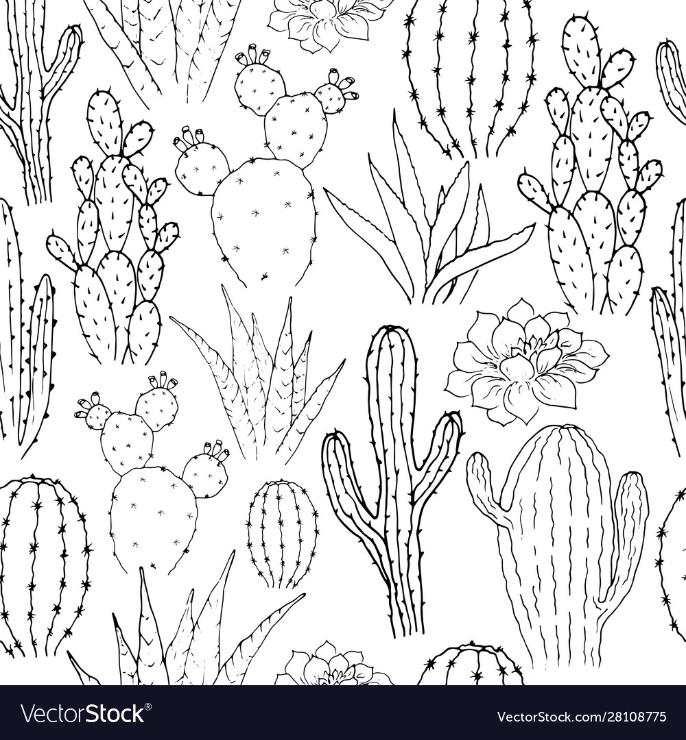 Seamless pattern with cacti linear monochrome vector image Seamless pattern with cacti linear monochrome